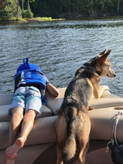 A boy and a dog looking out of a boat in the middle of a lake